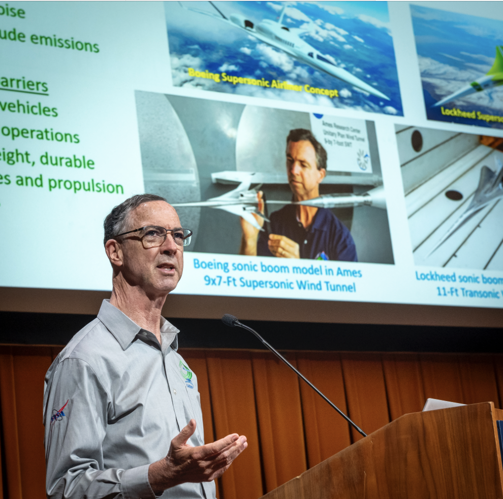 Don Durston gives his lightening pitch on day three of the 2024 Ames Aeronautics Innovation Forum in the Syvertson Auditorium, N201.